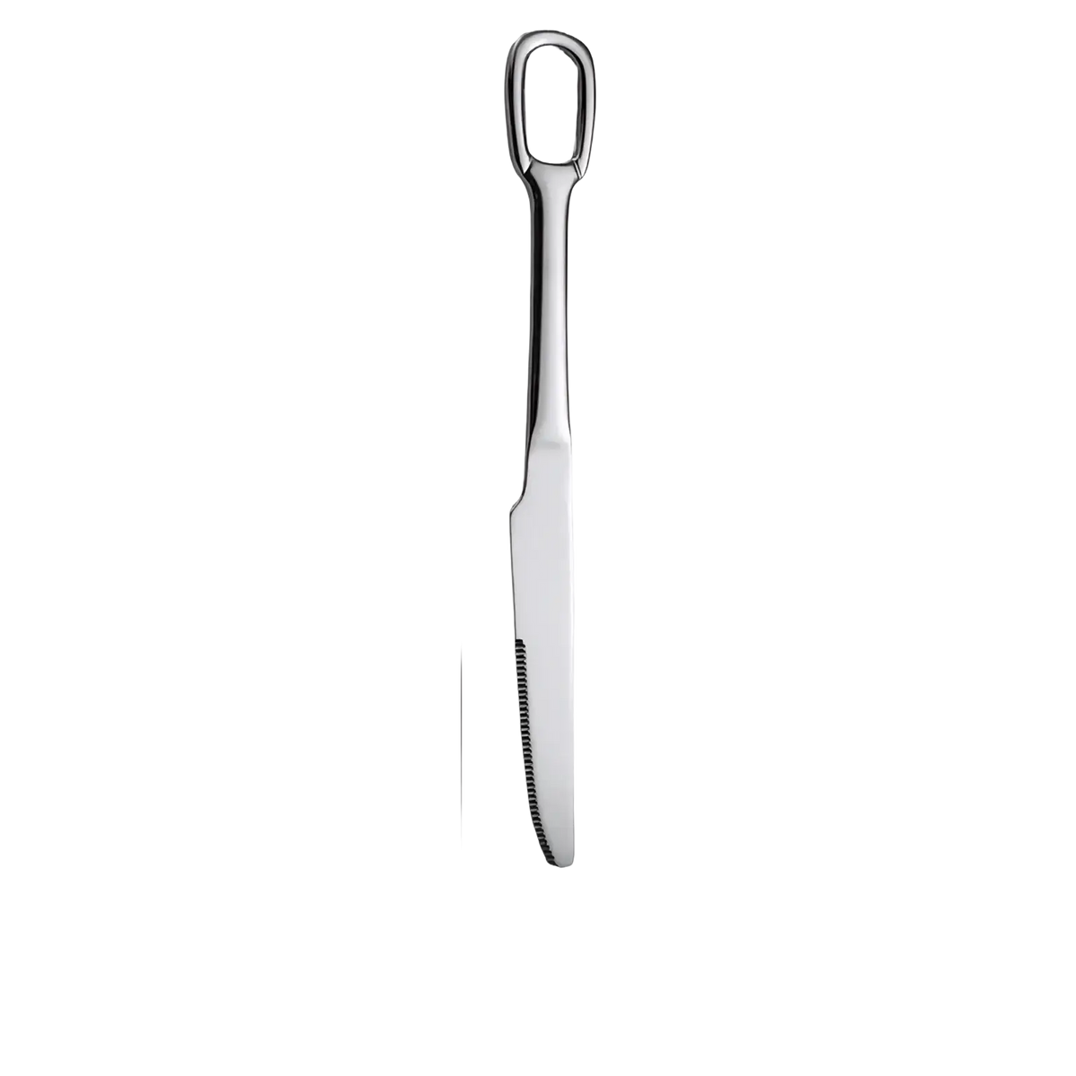 A sleek 23.3cm stainless steel table knife with a serrated edge and ergonomic loop handle from a flatware set