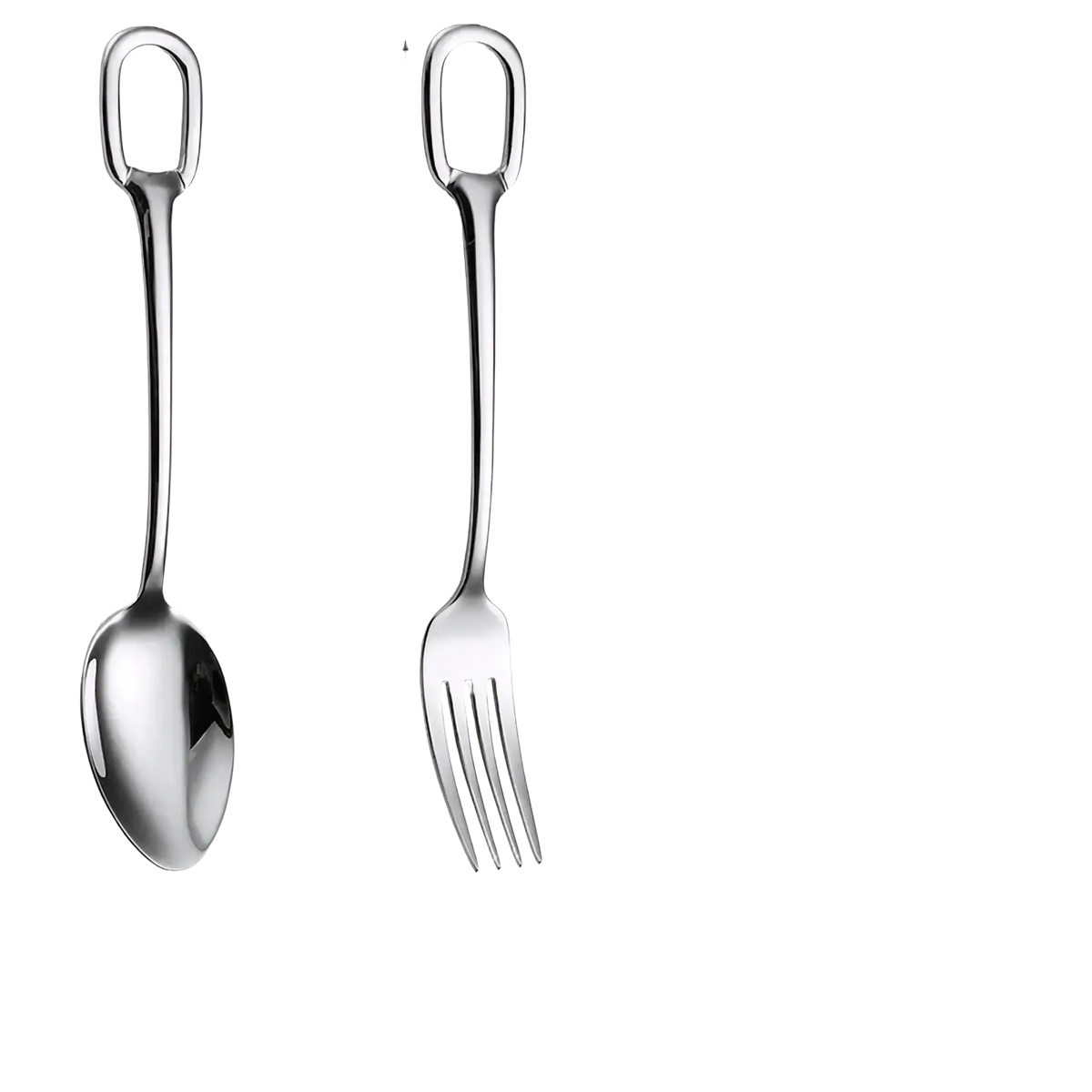 A sleek stainless steel flatware set with loop handles featuring a spoon and fork ideal for dining use