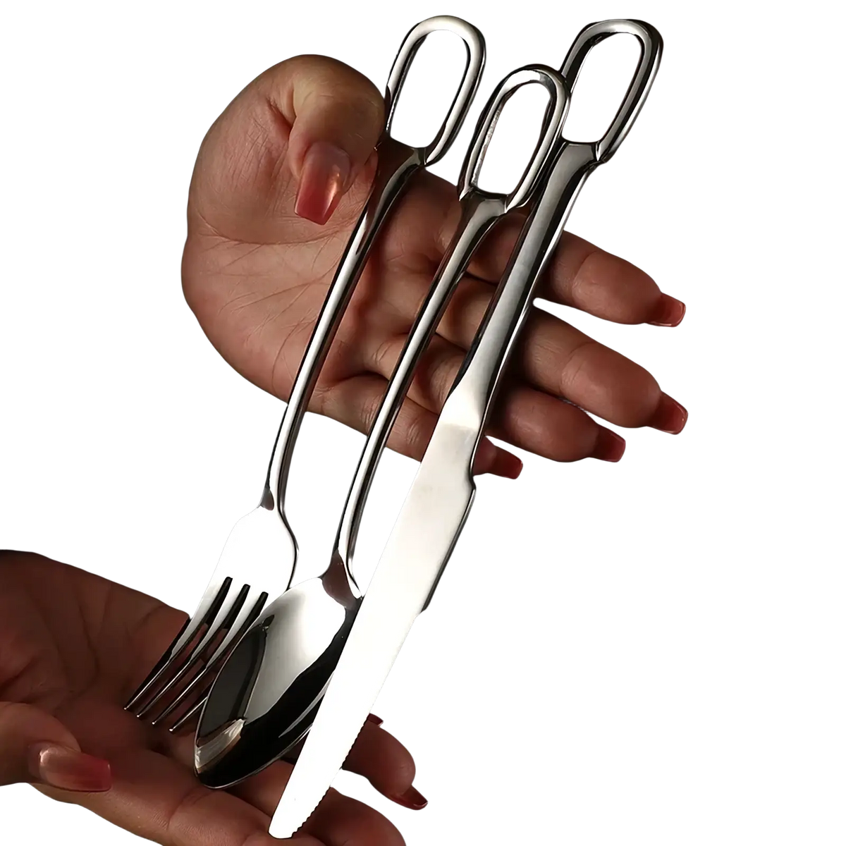 A sleek stainless steel flatware set with loop handles featuring knife fork and spoon with polished handles