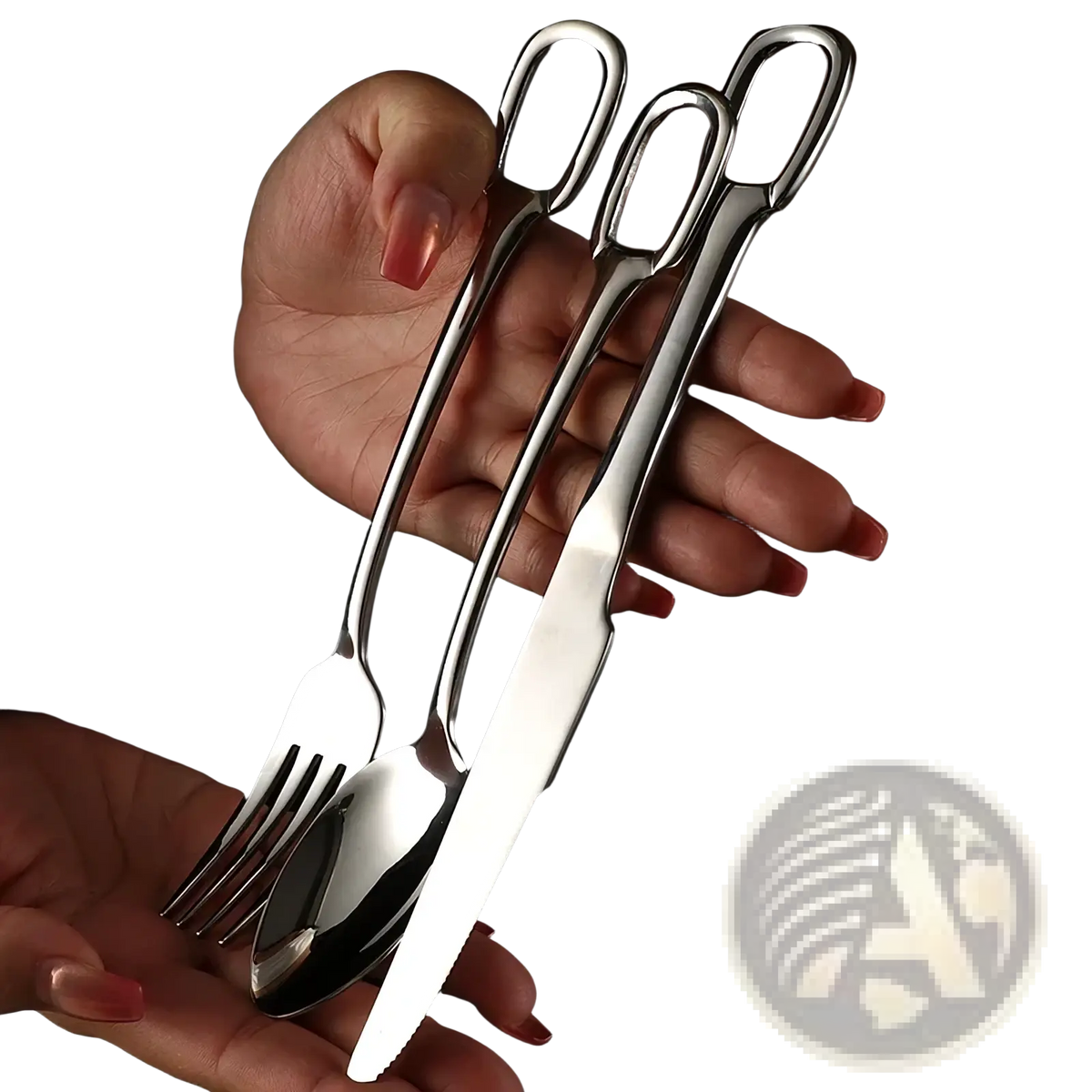 A sleek stainless steel flatware set with loop handles featuring knife fork and spoon with polished handles