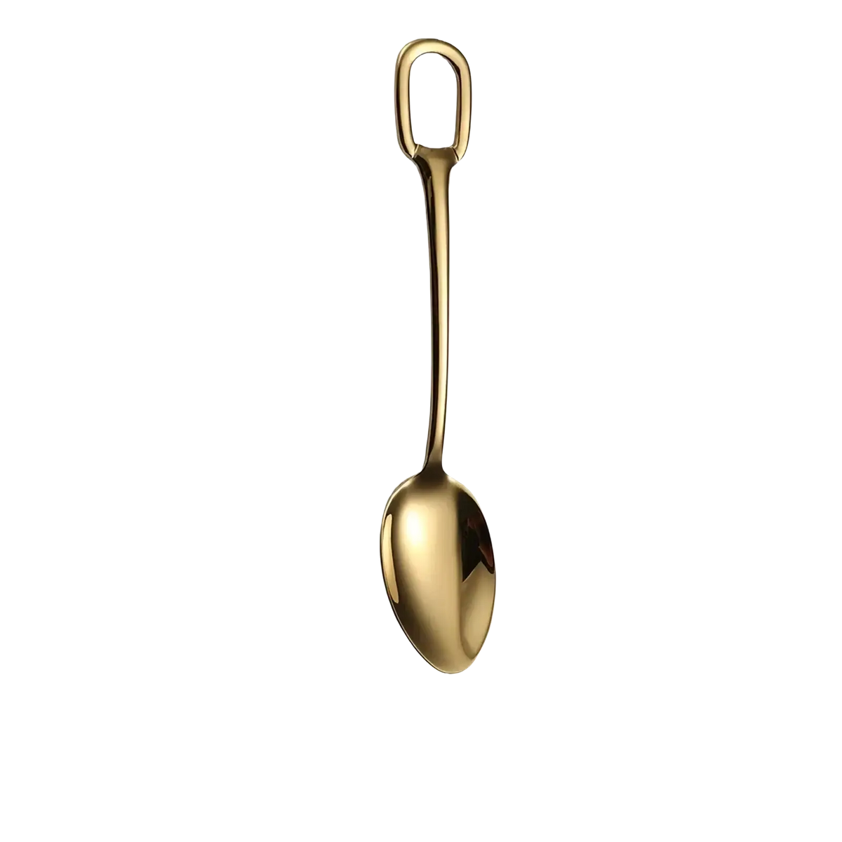 A sleek gold-finished stainless steel spoon with loop handle and polished surface from a flatware set