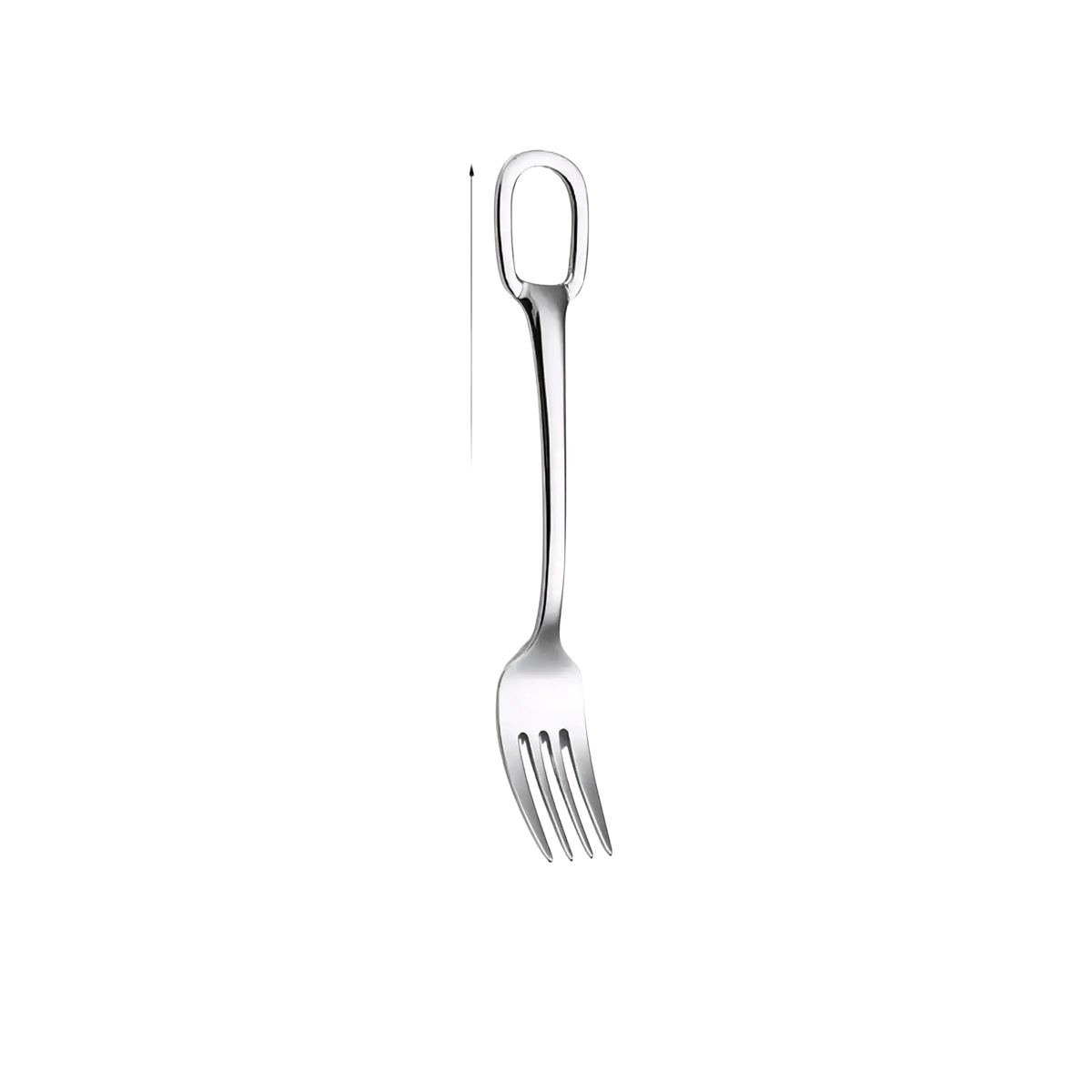 A sleek silver stainless steel dessert fork with looped handle and four tines from flatware set