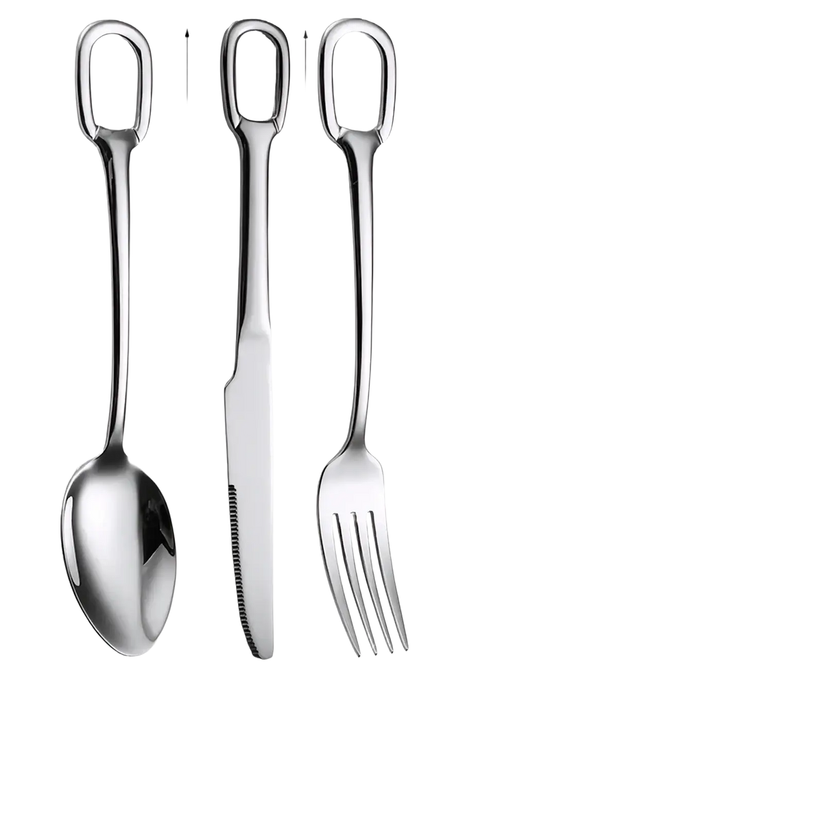 Stainless steel flatware set with loop handles including spoon fork and knife in silver finish for dining use