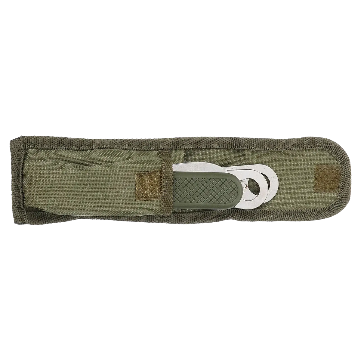 Olive green fabric sheath with silver-toned metal clip and textured grip for stainless steel flatware set case