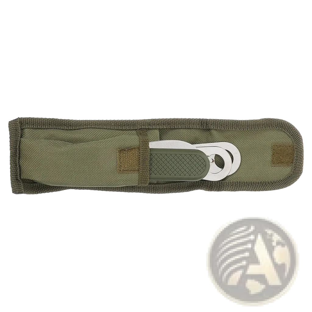 Olive green fabric sheath with silver-toned metal clip and textured grip for stainless steel flatware set case