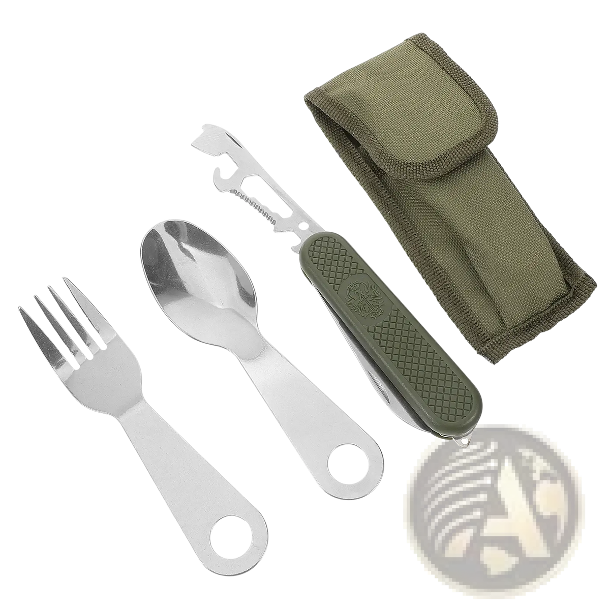 Stainless steel flatware set featuring a silver fork and spoon with green textured handles and a multi-tool knife in an olive green fabric sheath
