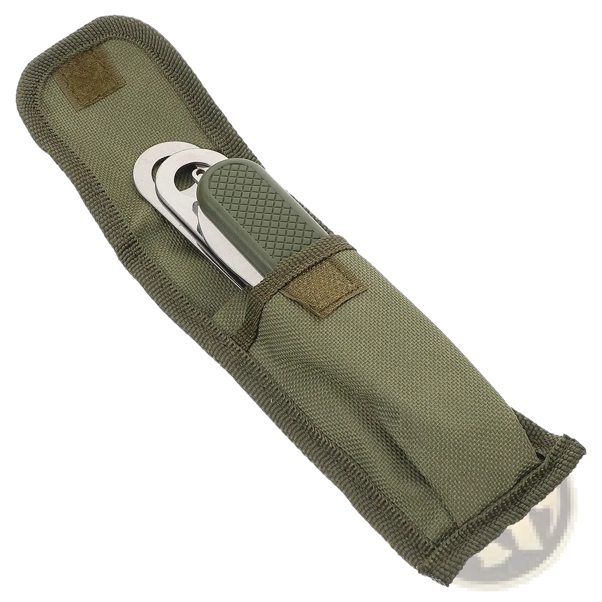 Olive green tactical sheath holding a stainless steel multi tool with textured grip and metallic blades in flatware set