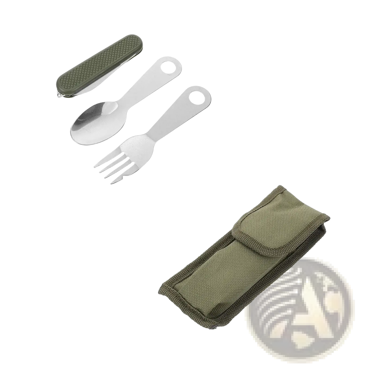 Olive green textured case holding stainless steel stainless steel flatware set including spoon fork and knife