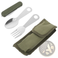 Stainless steel flatware set with olive green textured handle folding knife and matching fabric sheath