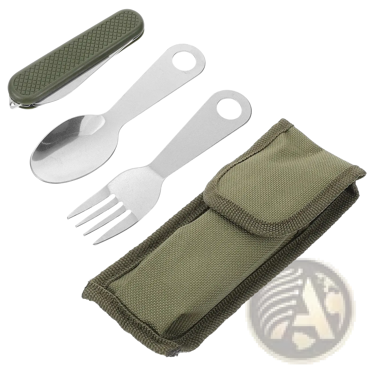 Stainless steel flatware set with olive green textured handle folding knife and matching fabric sheath
