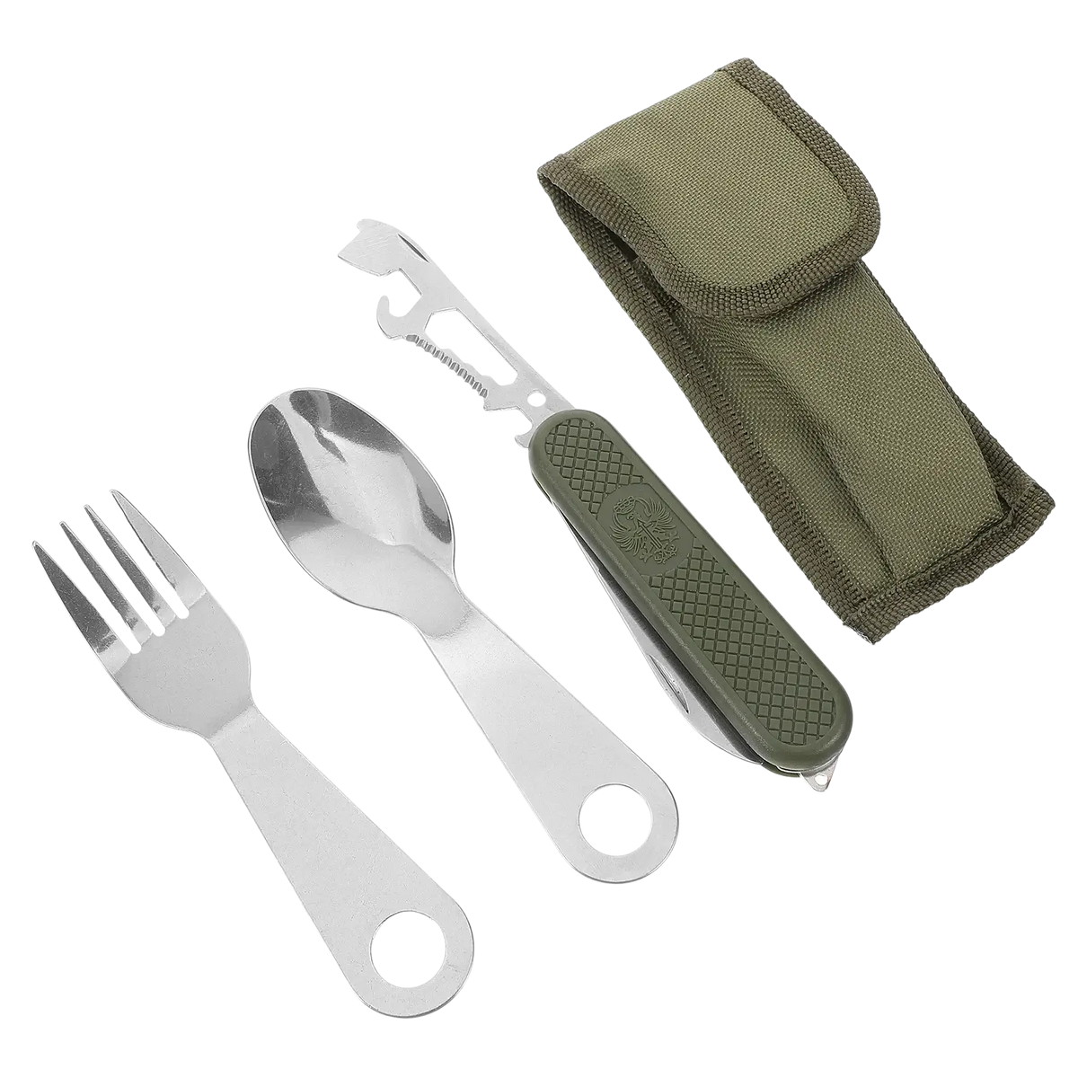 Stainless steel flatware set featuring a silver fork and spoon with green textured handles and a multi-tool knife in an olive green fabric sheath