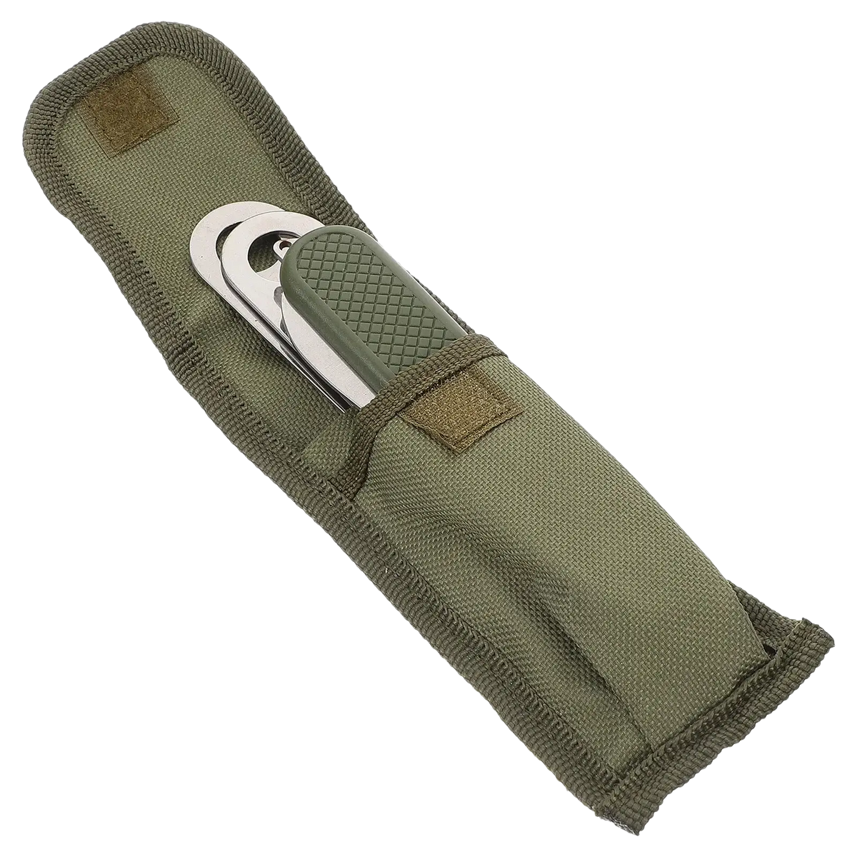 Olive green tactical sheath holding a stainless steel multi tool with textured grip and metallic blades in flatware set