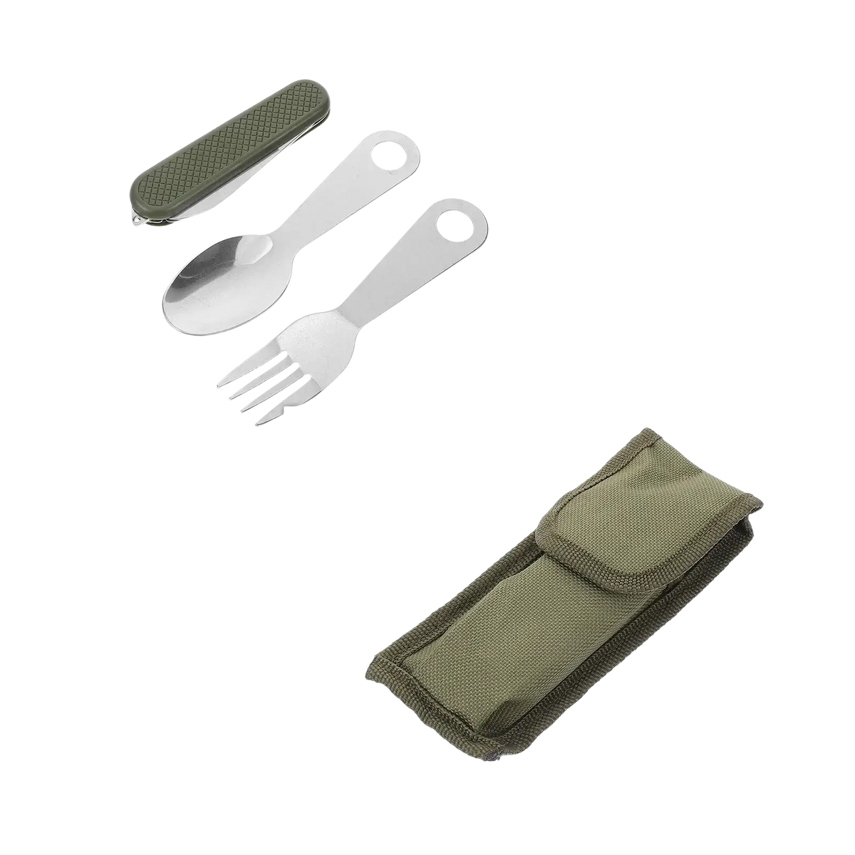 Olive green textured case holding stainless steel stainless steel flatware set including spoon fork and knife