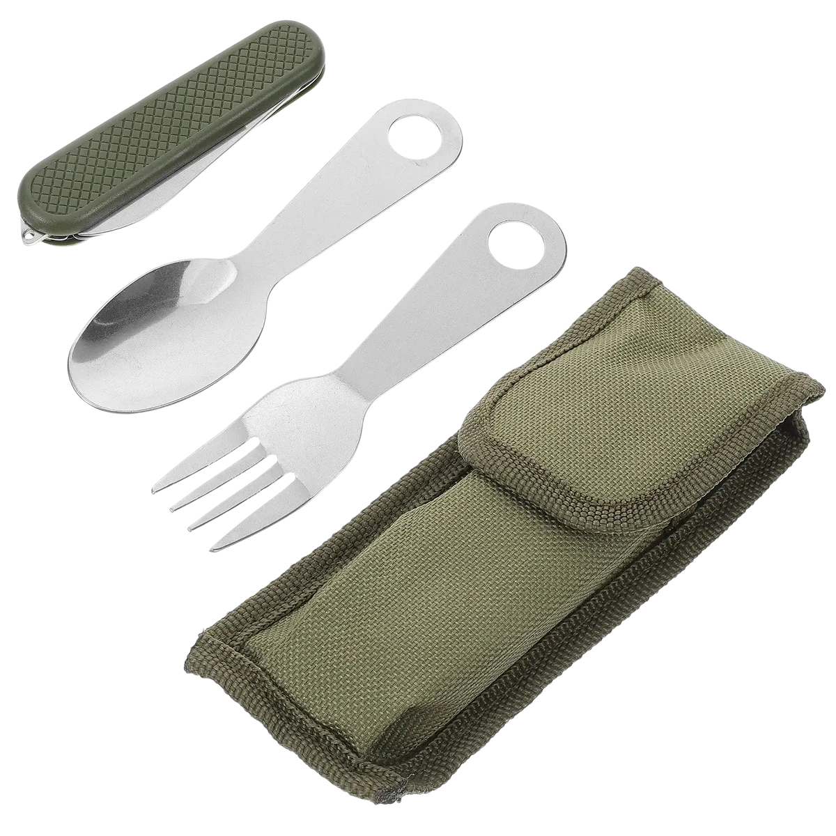 Stainless steel flatware set with olive green textured handle folding knife and matching fabric sheath