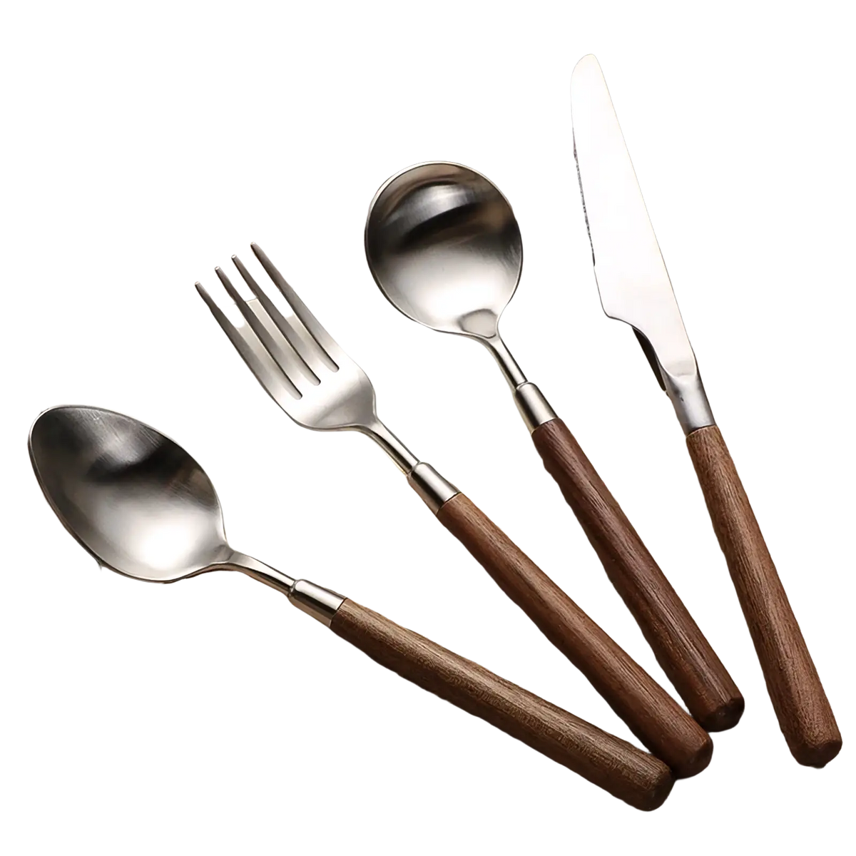 Set of four stainless steel flatware with dark brown wooden handles for stylish dining