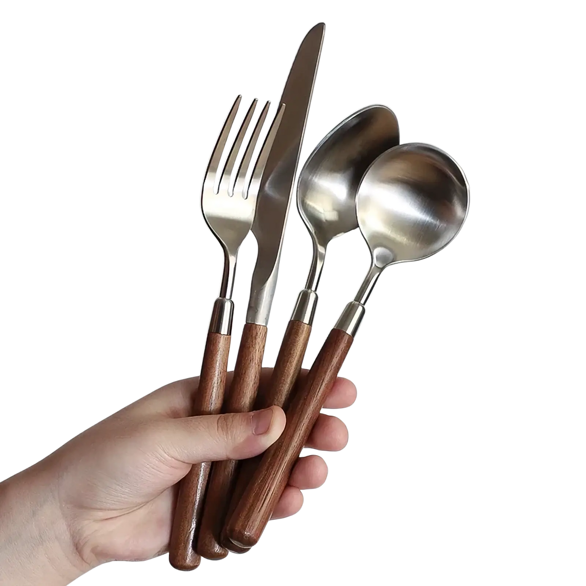 Set of four stainless steel flatware with warm brown wooden handles designed for everyday dining use