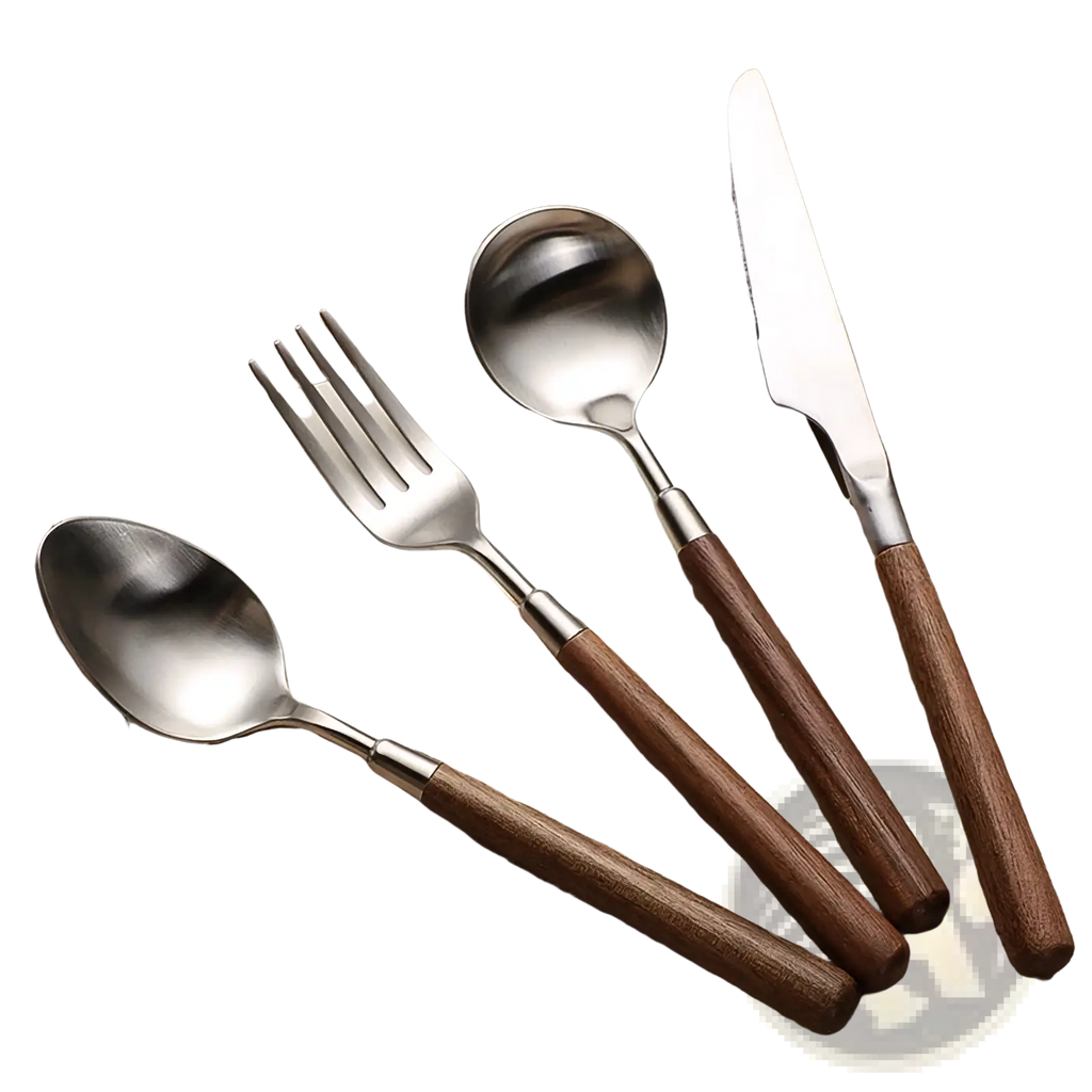 Set of four stainless steel flatware with dark brown wooden handles for stylish dining