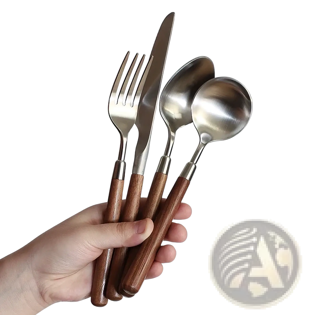 Set of four stainless steel flatware with warm brown wooden handles designed for everyday dining use