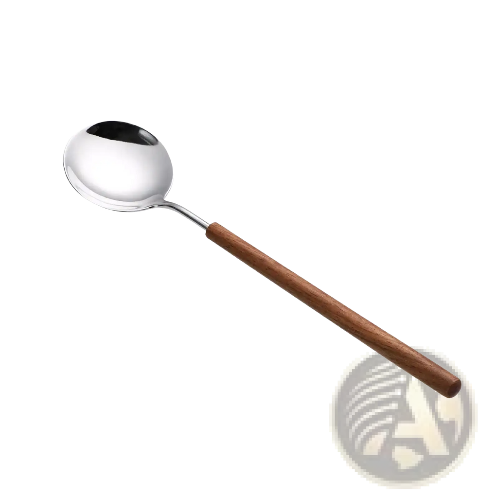 A sleek stainless steel spoon with a polished bowl and smooth wooden handle from a stainless steel flatware set with wood handles