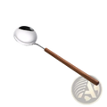 A sleek stainless steel spoon with a polished bowl and smooth wooden handle from a stainless steel flatware set with wood handles