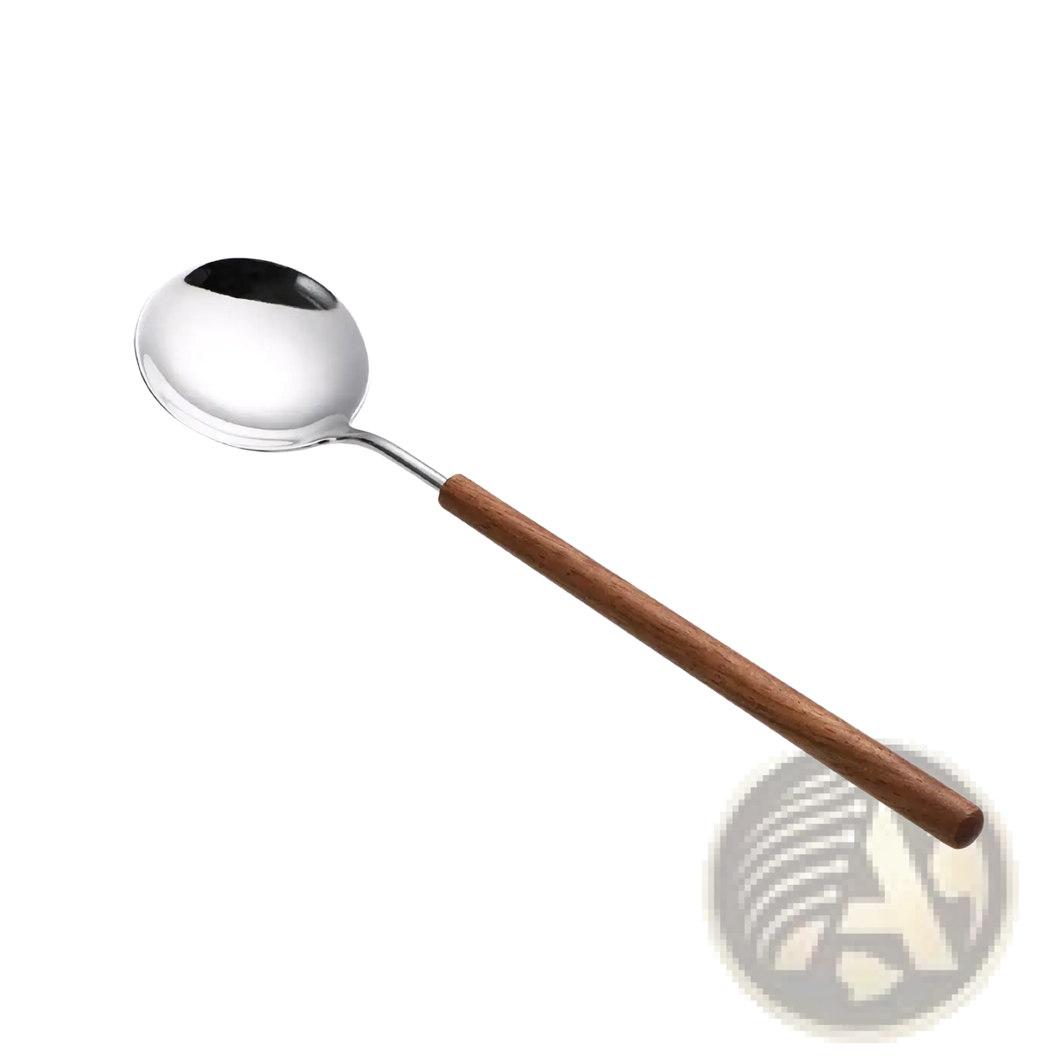 A sleek stainless steel spoon with a polished bowl and smooth wooden handle from a stainless steel flatware set with wood handles