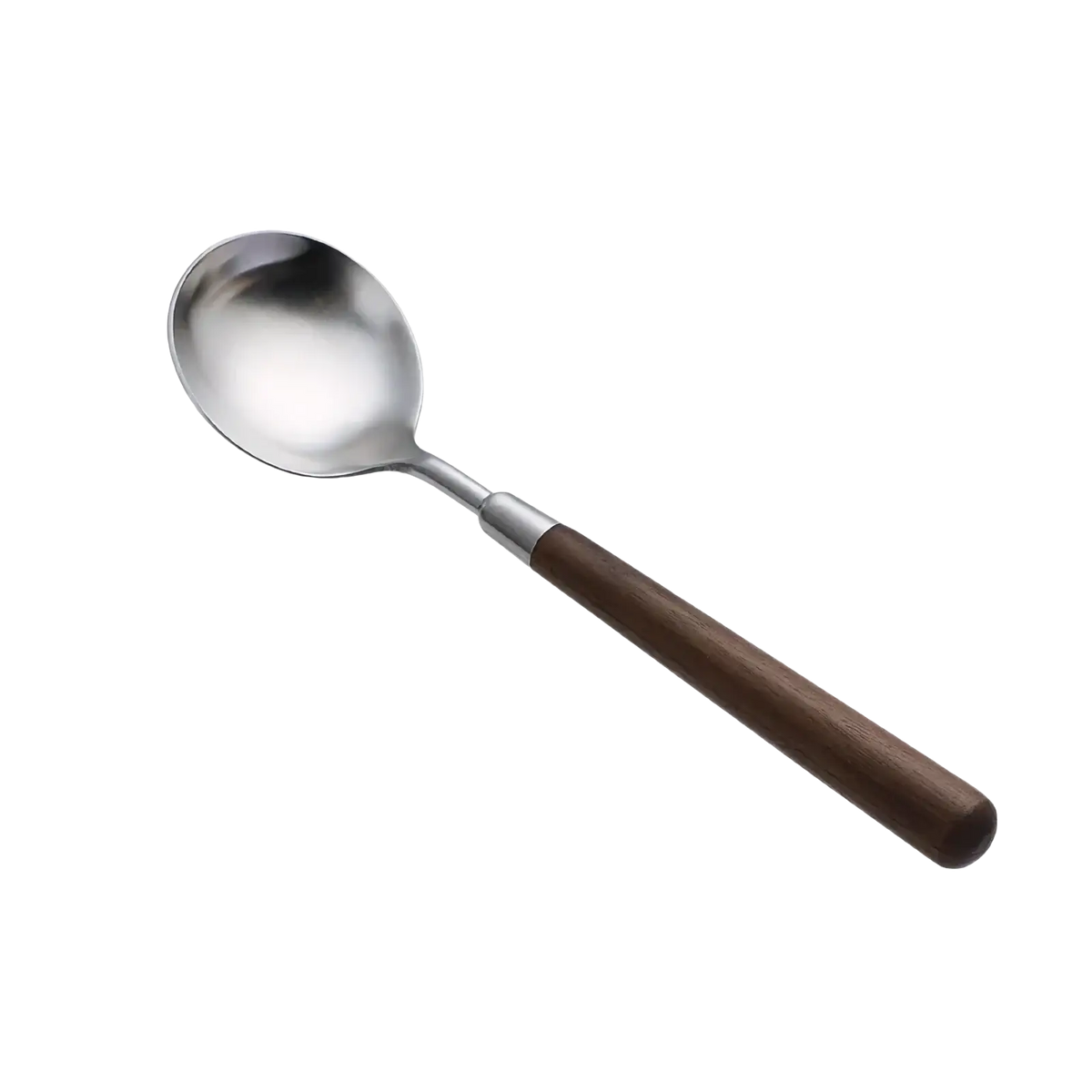 A stainless steel spoon with a polished reflective bowl and dark brown wooden handle from a flatware set