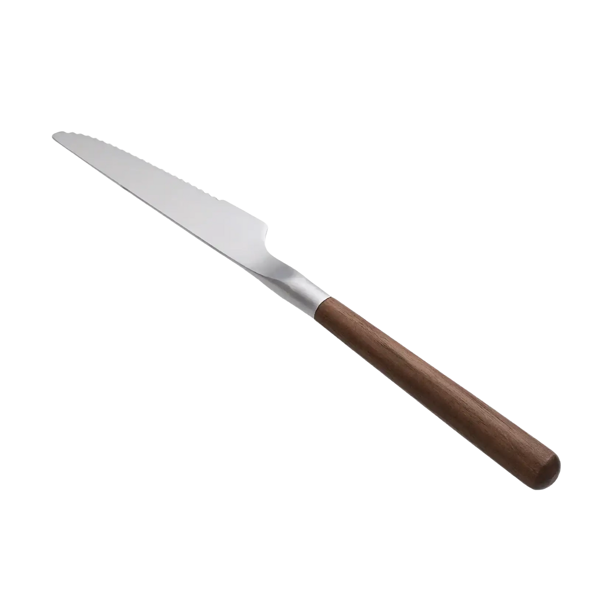 A sleek stainless steel dinner knife with a dark brown wooden handle and serrated edge from a flatware set