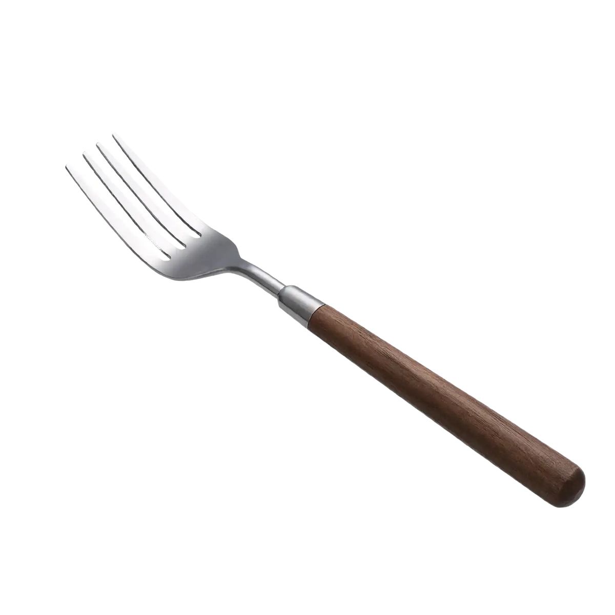A sleek 20.5cm stainless steel fork with polished head and dark brown wooden handle from a flatware set