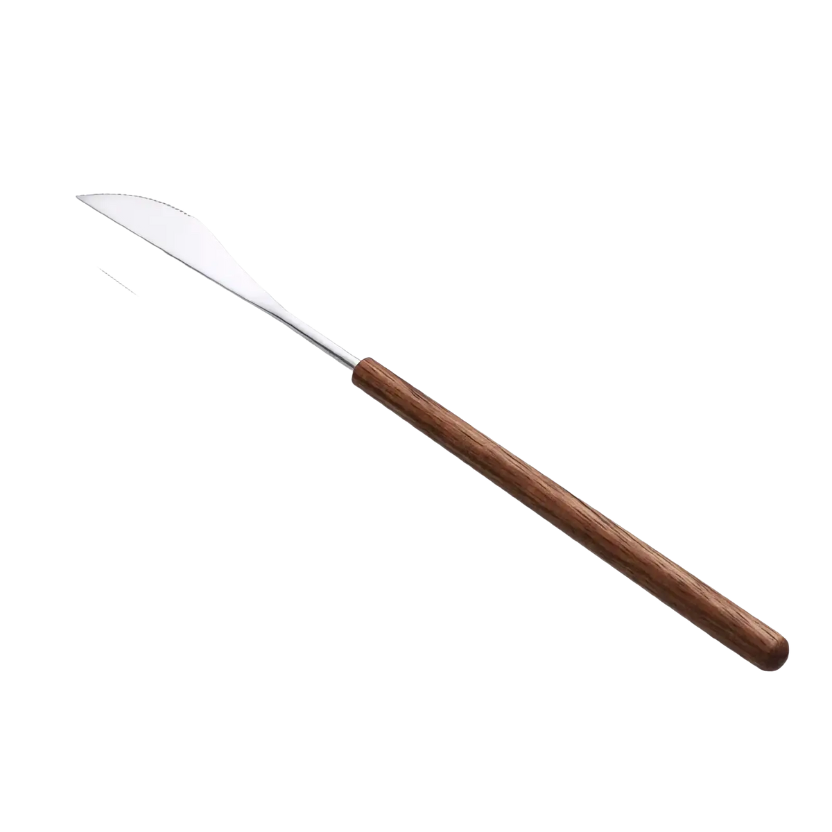 A sleek 20.8cm stainless steel knife with polished blade and dark brown wooden handle from flatware set