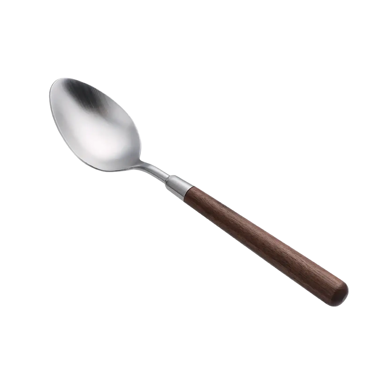 A stainless steel spoon with a polished bowl and dark brown wooden handle from a flatware set with wood handles