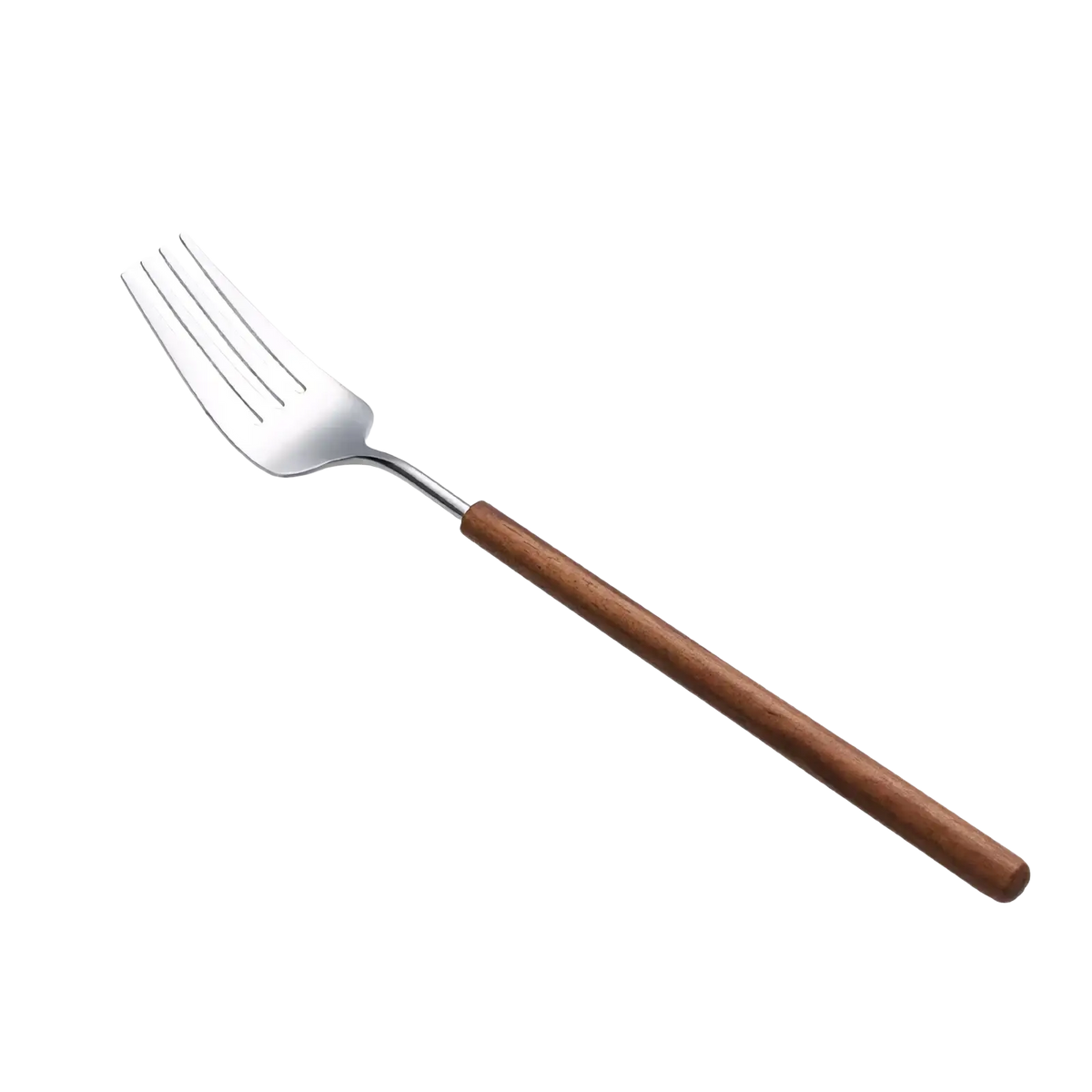 A stainless steel flatware fork with a warm brown wooden handle measuring 20.8cm in total length