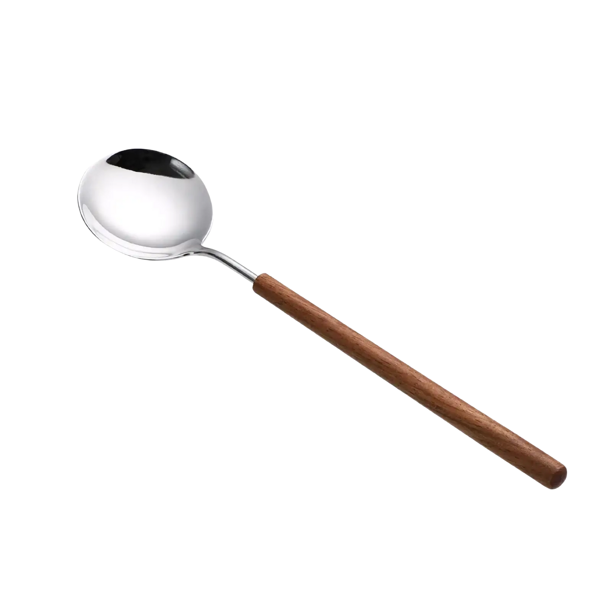 A sleek stainless steel spoon with a polished bowl and smooth wooden handle from a stainless steel flatware set with wood handles
