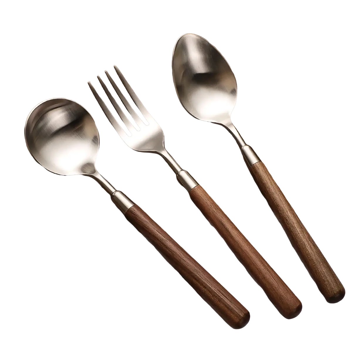 Set of three stainless steel flatware utensils with dark brown wooden handles for stylish dining