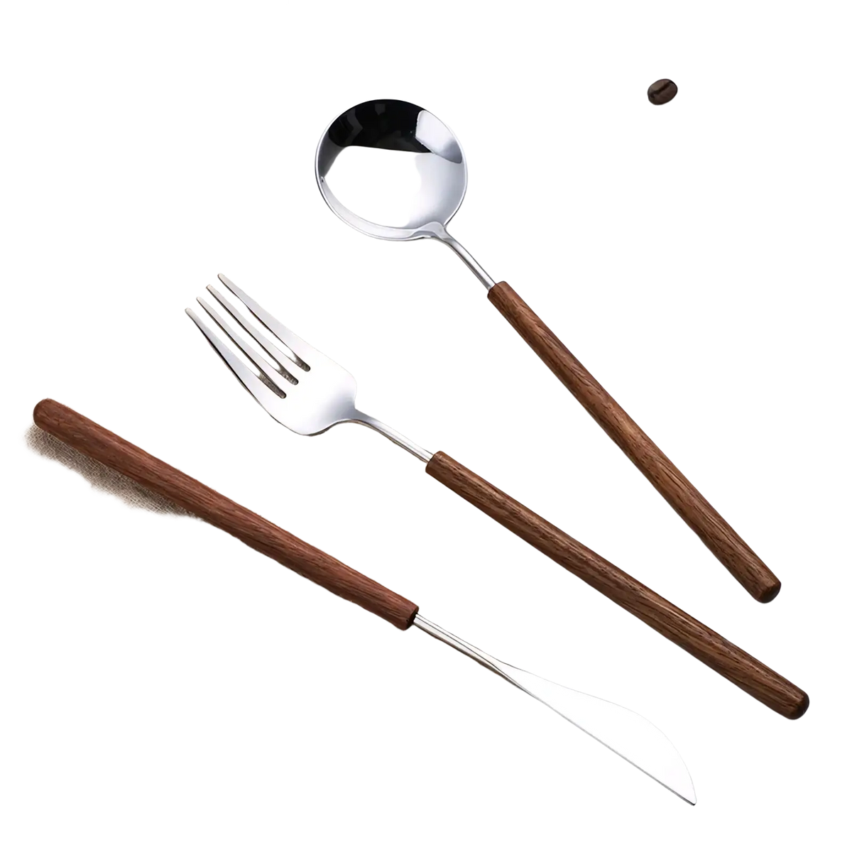 Set of three stainless steel flatware with dark brown wooden handles featuring a modern minimalist design