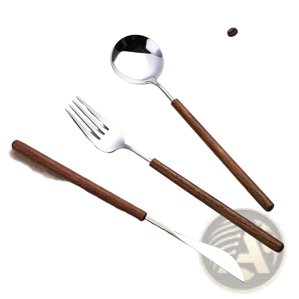 Set of three stainless steel flatware with dark brown wooden handles featuring a modern minimalist design