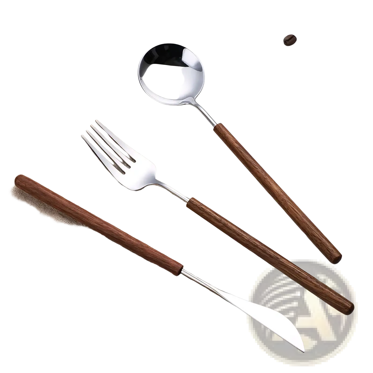 Set of three stainless steel flatware with dark brown wooden handles featuring a modern minimalist design