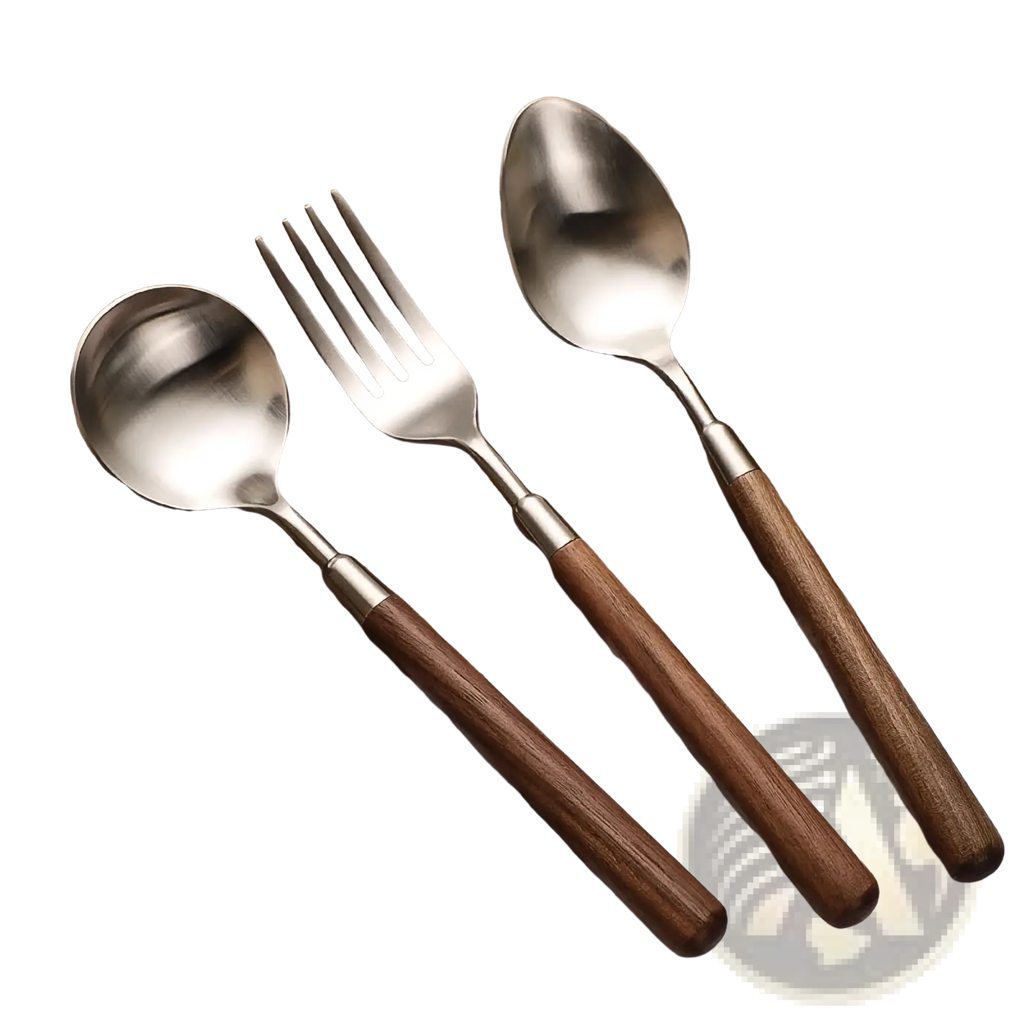Set of three stainless steel flatware utensils with dark brown wooden handles for stylish dining