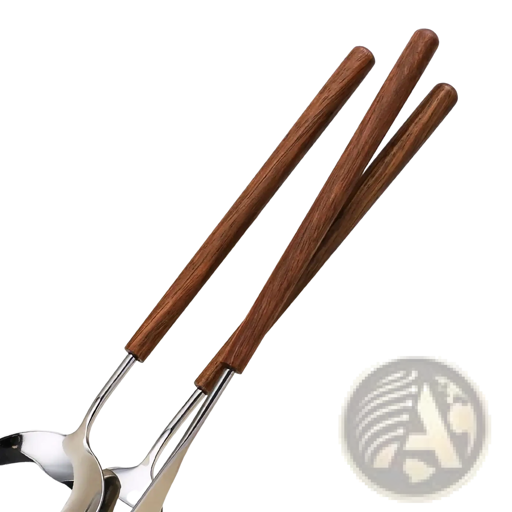 Wooden-handled serving spoons with polished stainless steel bowls in a stainless steel flatware set with wood handles