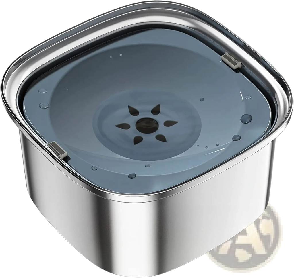 Stainless steel floating dog water bowl with translucent gray lid star-shaped spout and silver latches