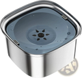Stainless steel floating dog water bowl with translucent gray lid star-shaped spout and silver latches
