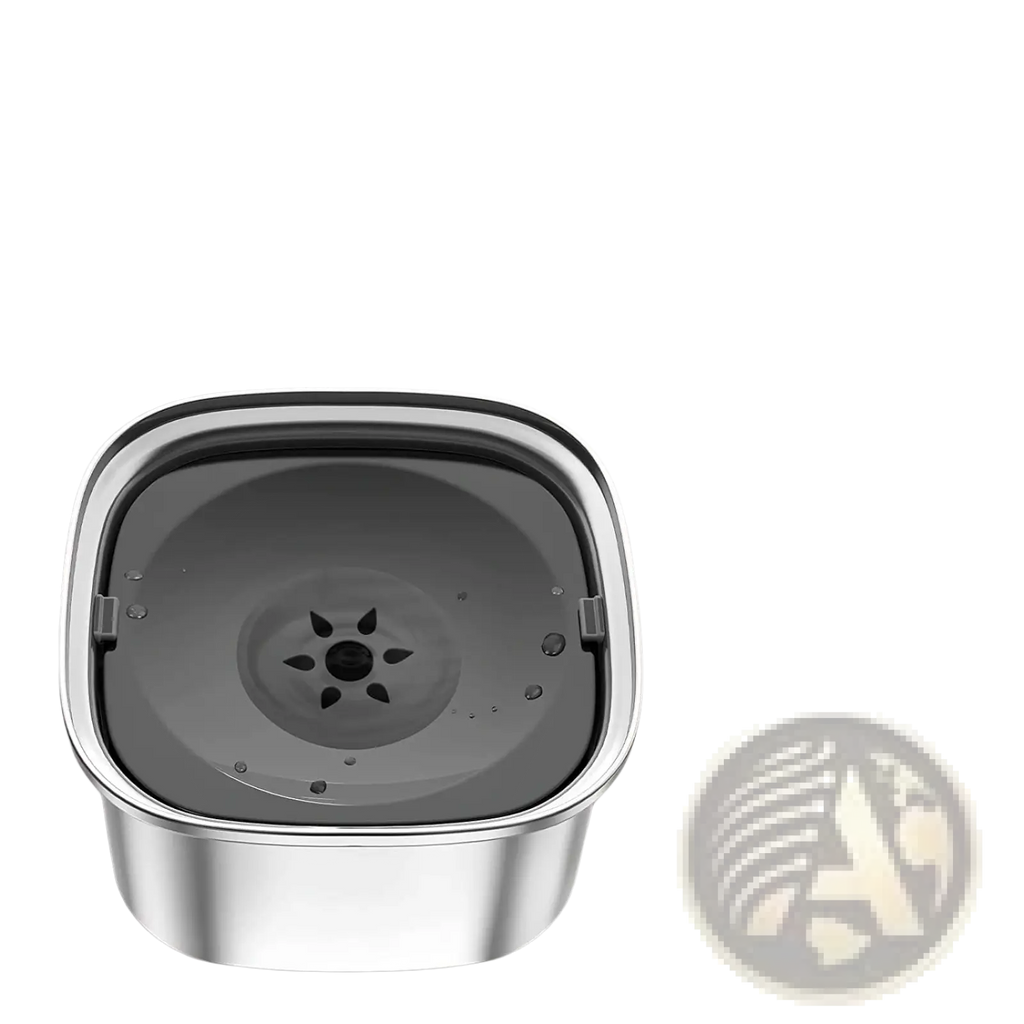 Stainless steel floating dog water bowl base with detachable floating disk and silicone plugs in silver color