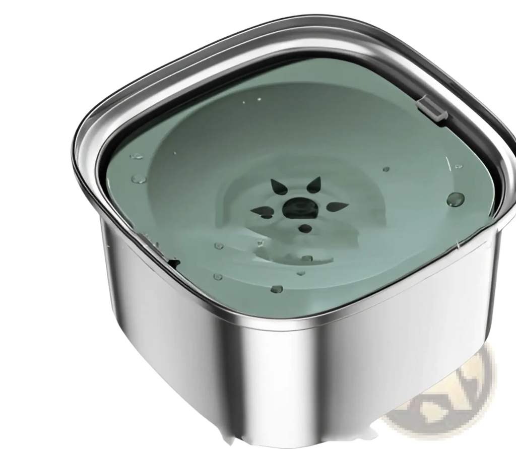 Stainless steel floating dog water bowl with translucent green interior and central spout design for pets