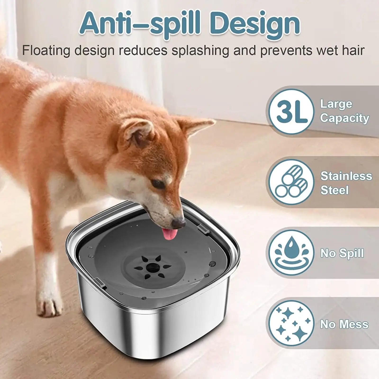 Stainless steel floating dog water bowl with anti-spill design and 3l capacity for pets