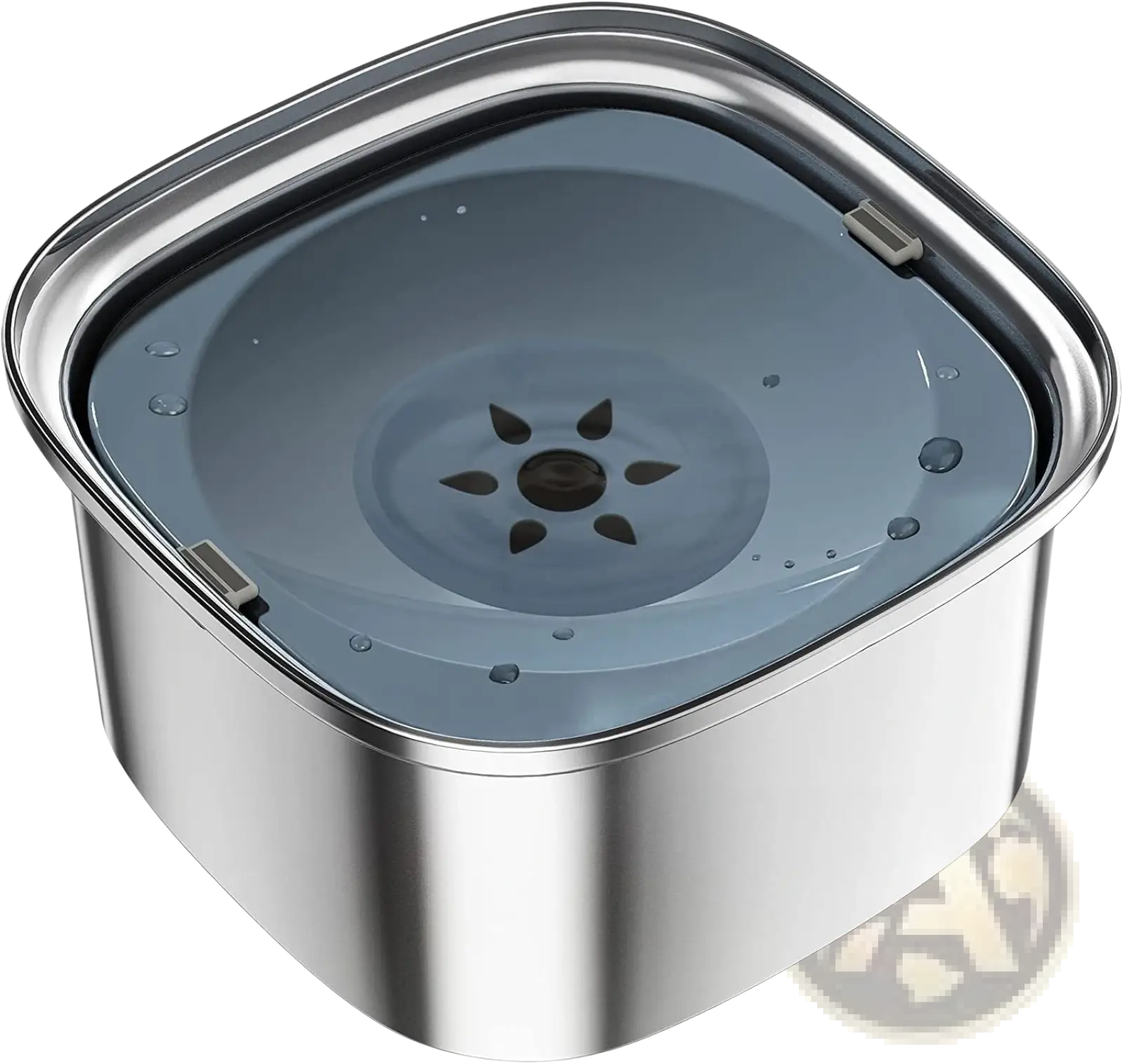 Stainless steel floating dog water bowl with a translucent gray lid featuring a star-shaped spout and silver latches