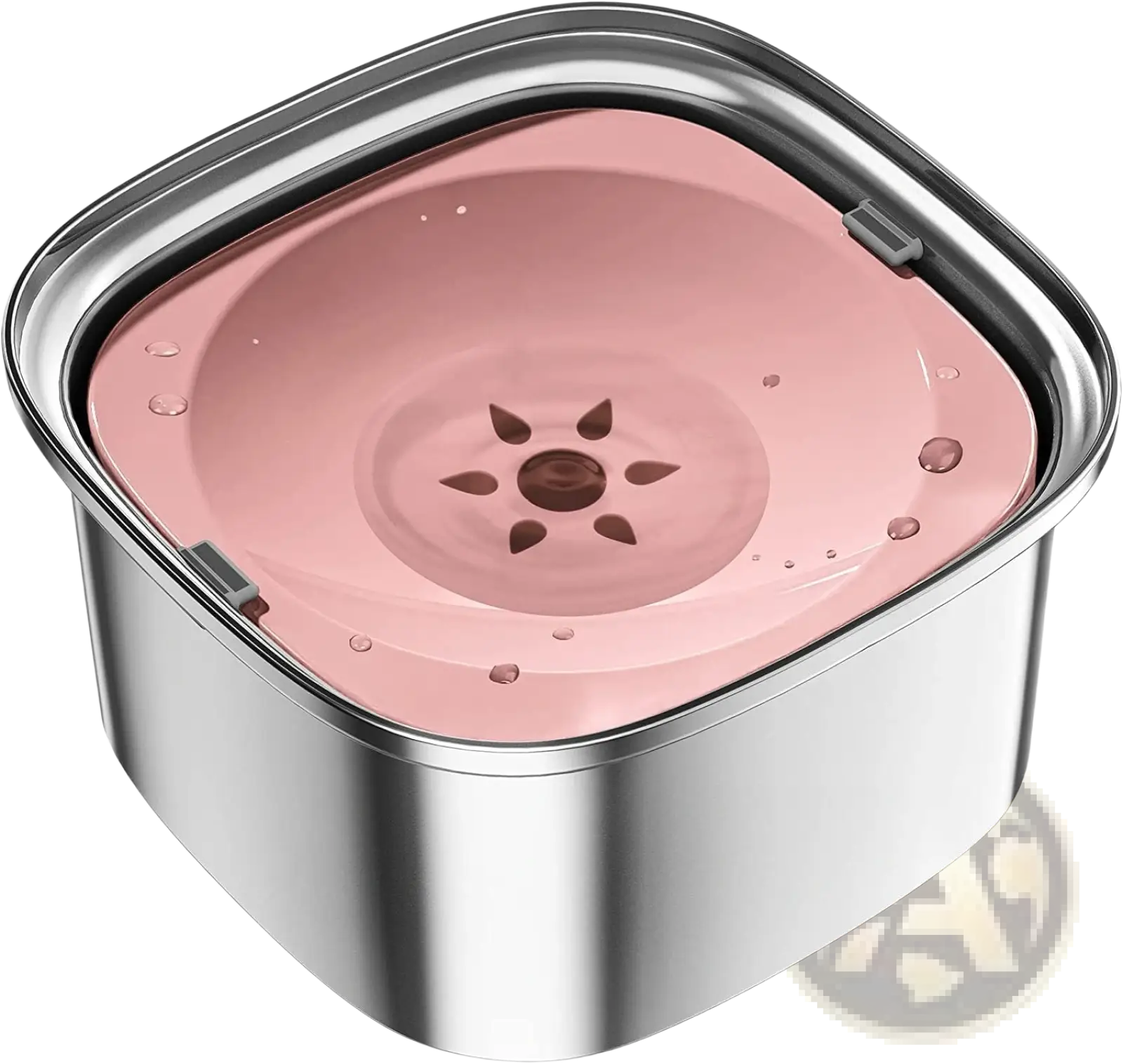 Stainless steel floating dog water bowl with pink translucent plastic fountain and stainless steel base and lid