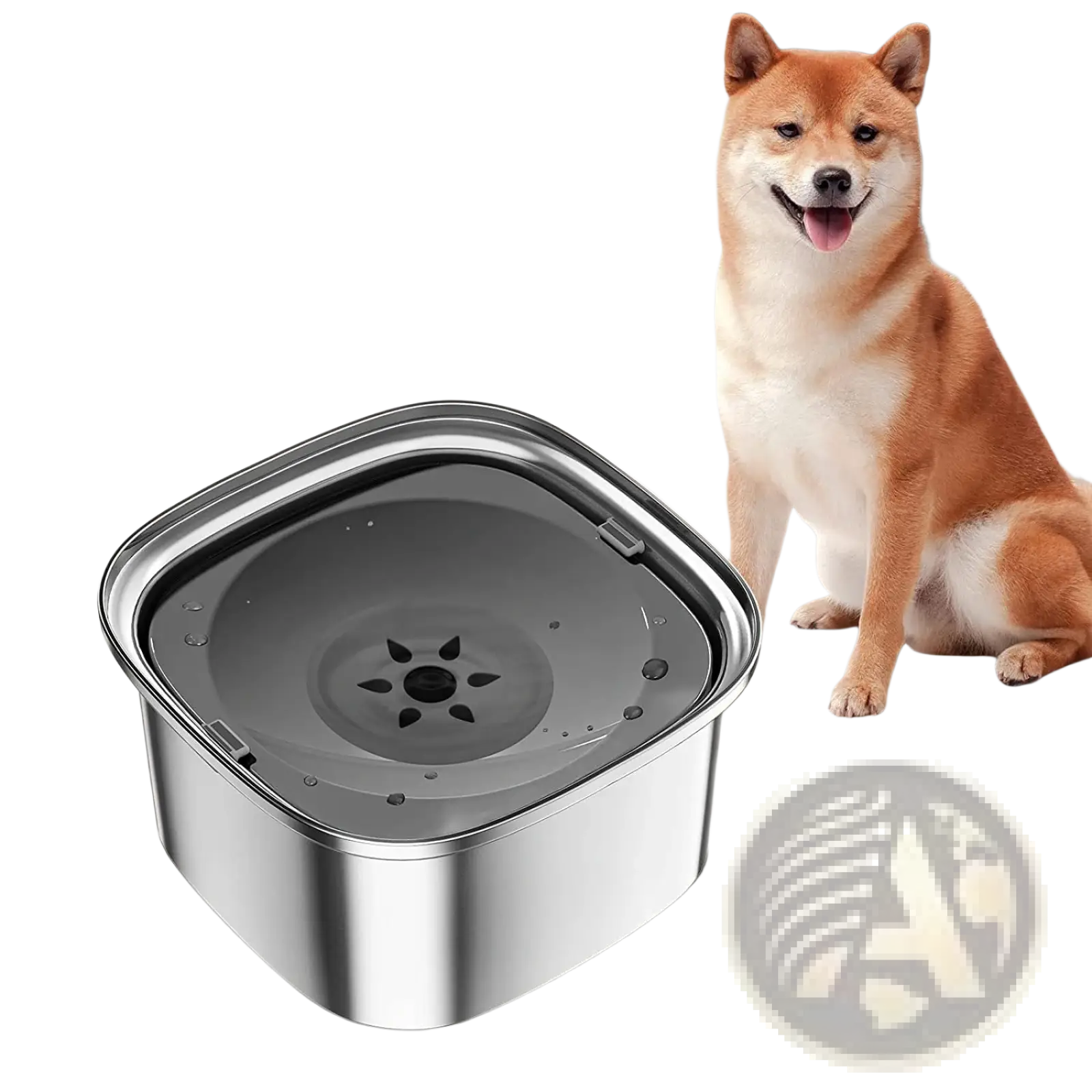 Silver stainless steel floating dog water bowl with large 3l capacity, black star-shaped spout, and hinged lid
