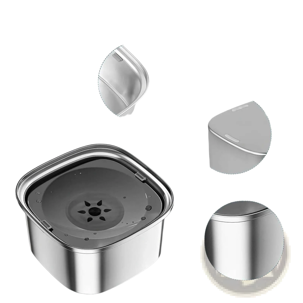 Stainless steel floating dog water bowl with a sleek reflective finish and widened edges for safety