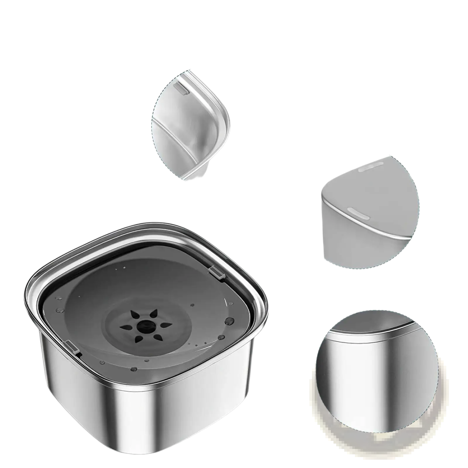 Stainless steel floating dog water bowl with a sleek reflective finish and widened edges for safety