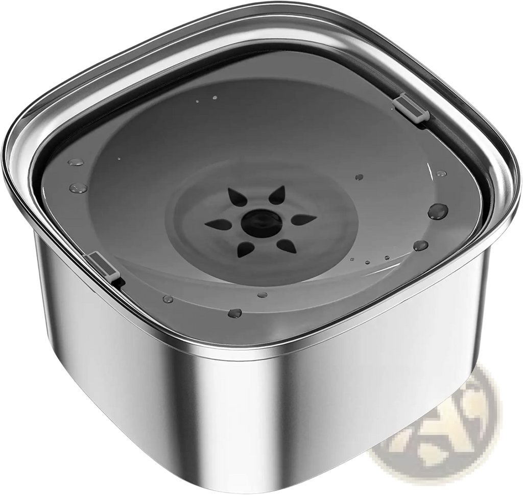 Stainless steel floating dog water bowl with square shape transparent lid and central spout for pet hydration
