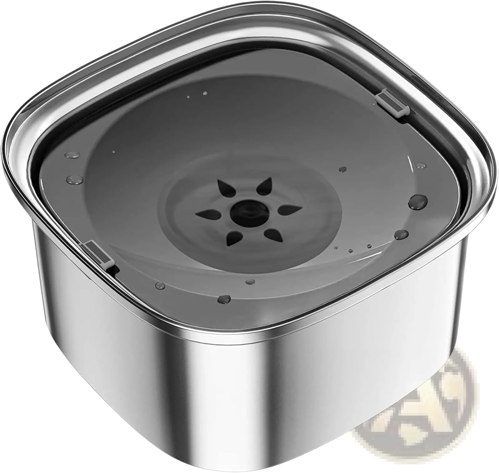 Stainless steel floating dog water bowl with square shape transparent lid and central spout for pet hydration